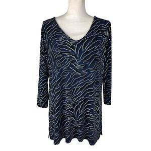 IMAN Blue White Stretch Tunic Large V Neck Comfortable Office Casual